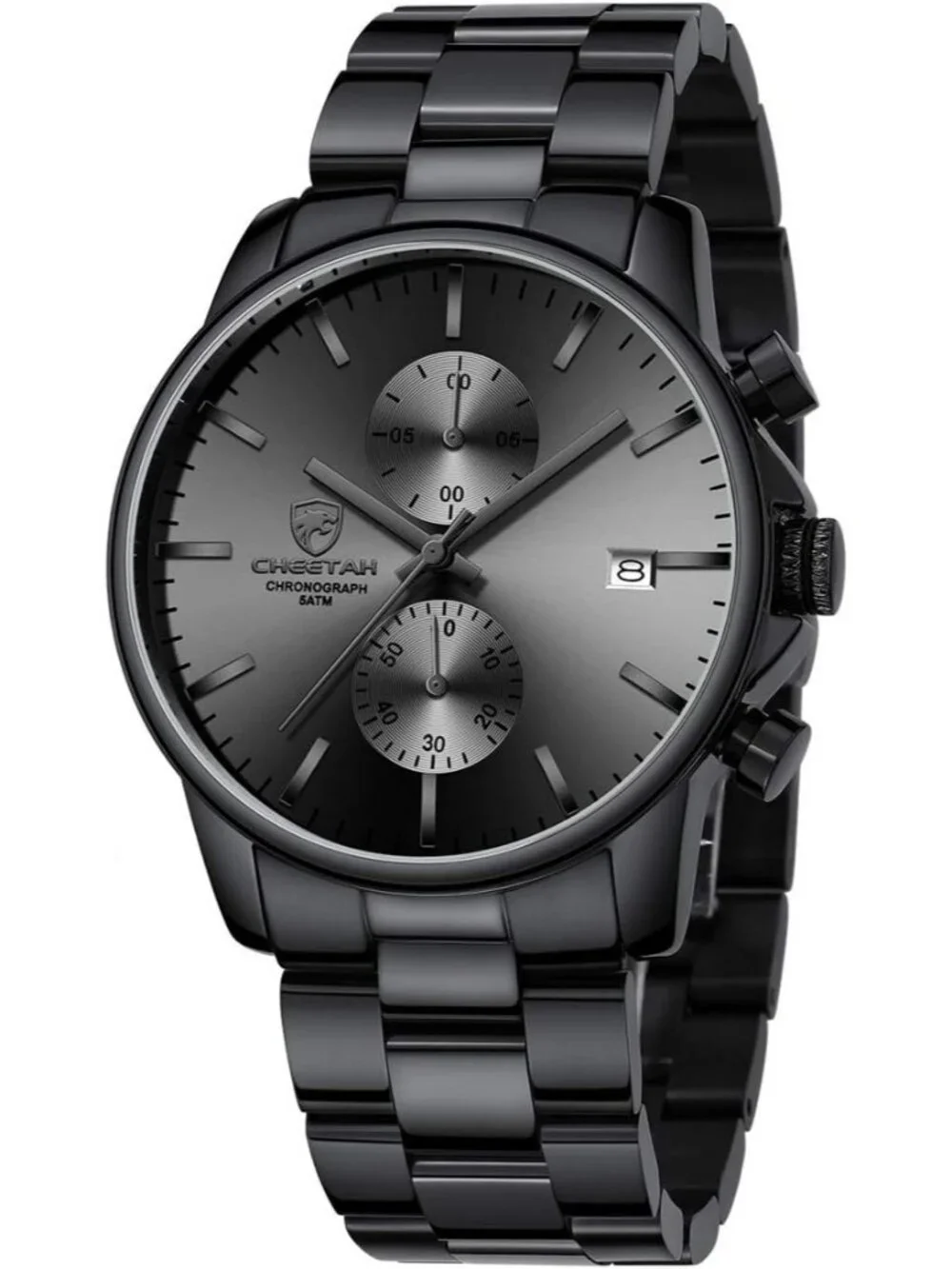 Men's Black Classic Stainless Steel Waterproof Chronograph Quartz Round Watch